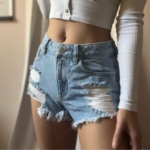 PacSun Eco Light Blue Ripped Vintage High Waisted Denim Shorts // Size 23
